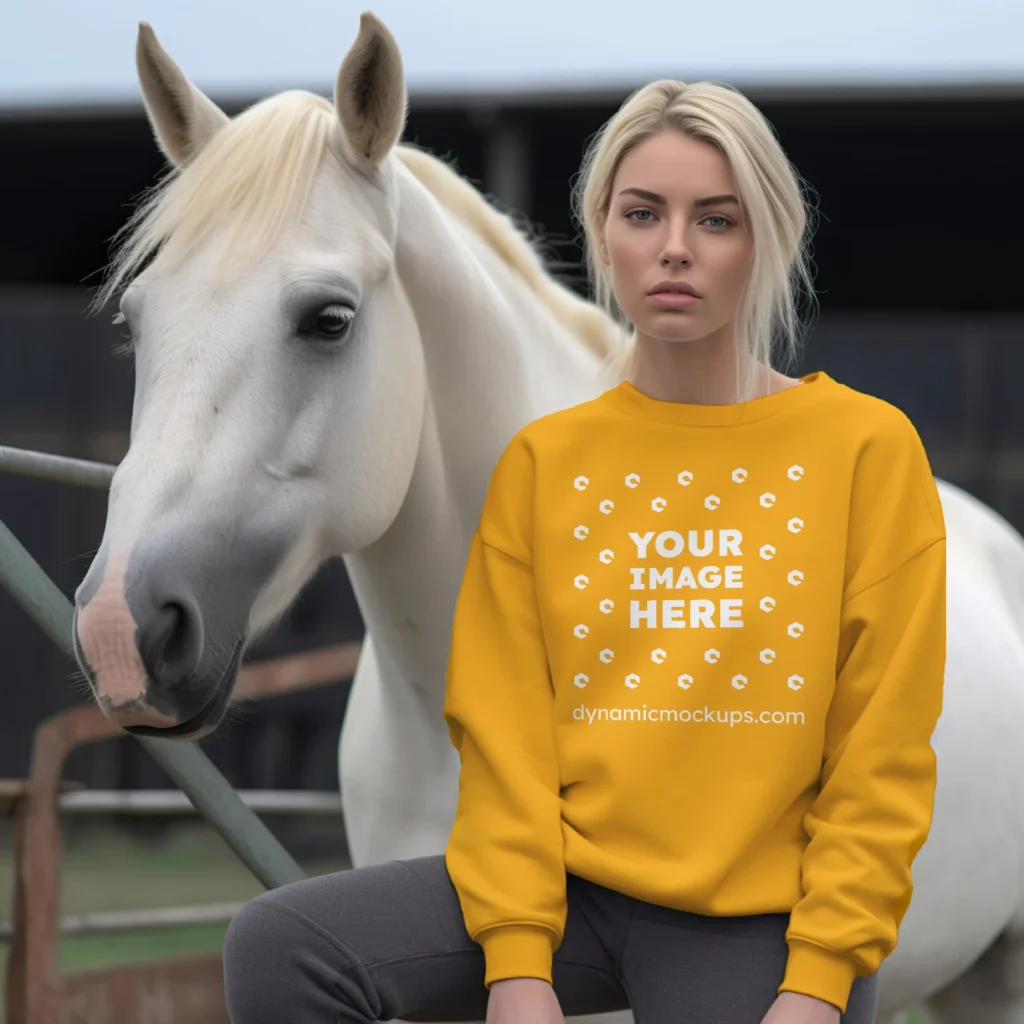 Woman Wearing Orange Sweatshirt Mockup Front View Template