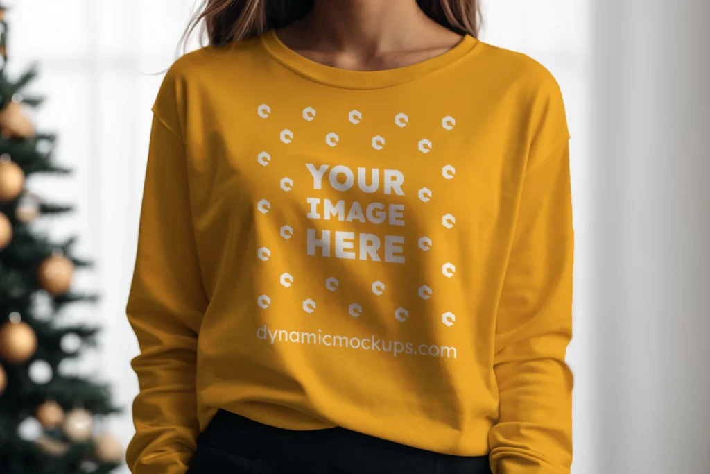 Woman Wearing Orange Sweatshirt Mockup Front View Template