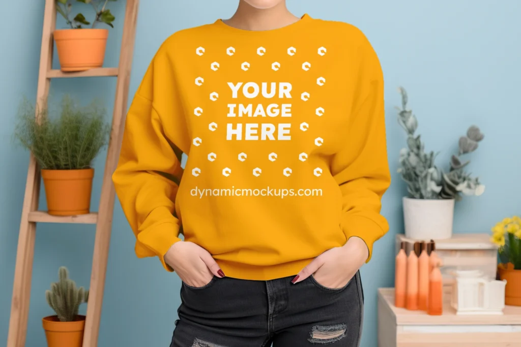 Woman Wearing Orange Sweatshirt Mockup Front View Template