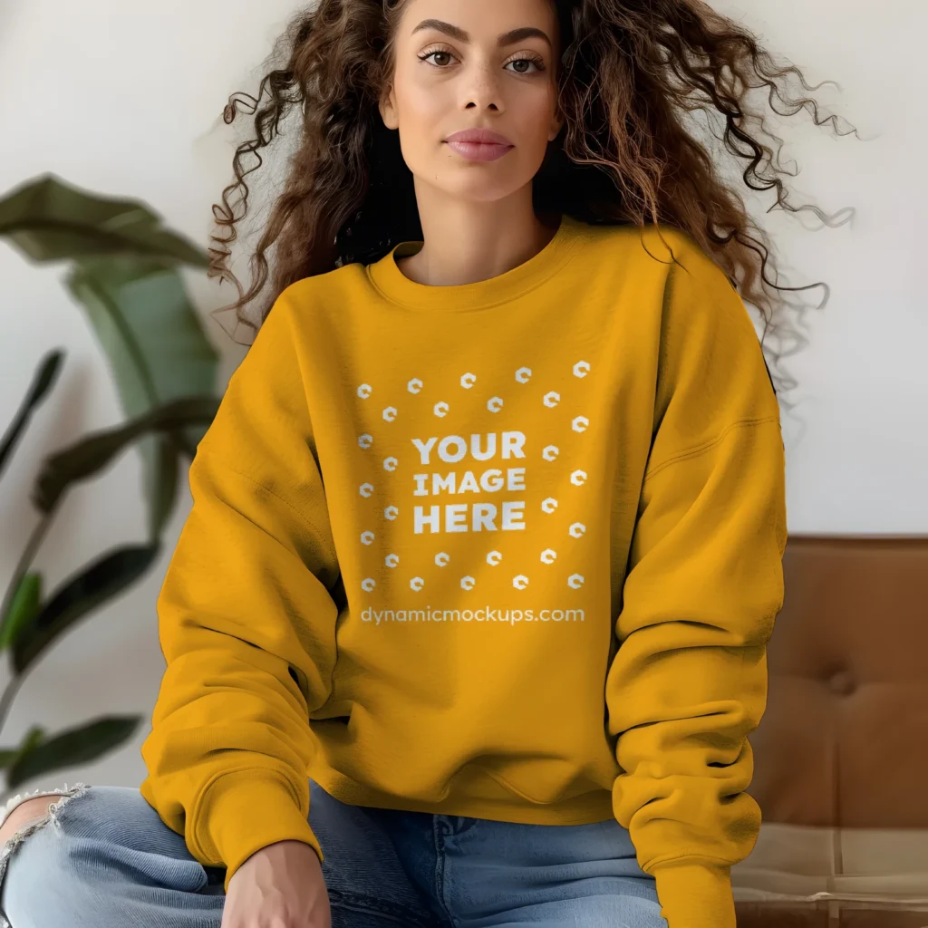 Woman Wearing Orange Sweatshirt Mockup Front View Template