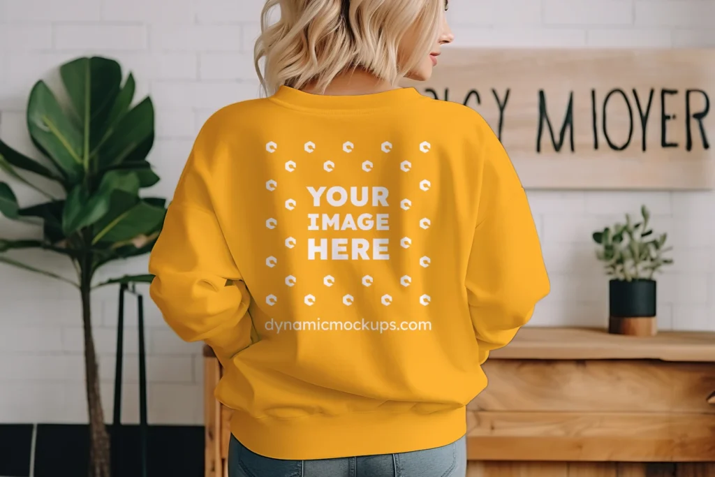 Woman Wearing Orange Sweatshirt Mockup Back View Template