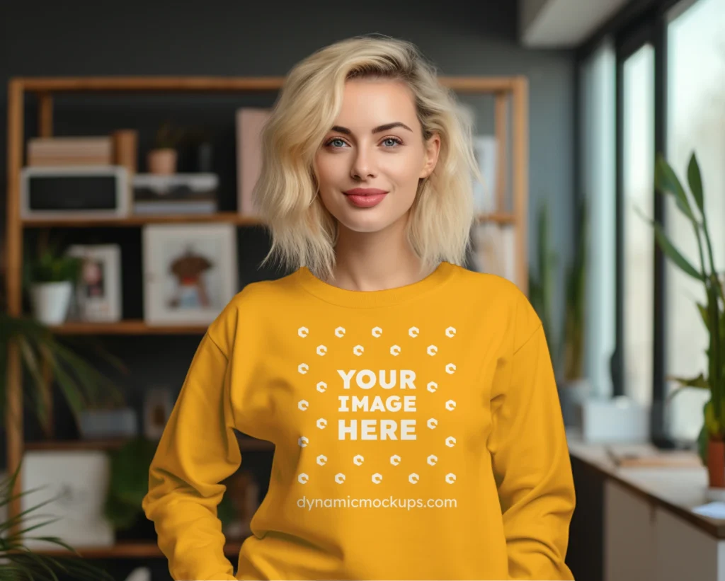 Woman Wearing Orange Sweatshirt Mockup Front View Template