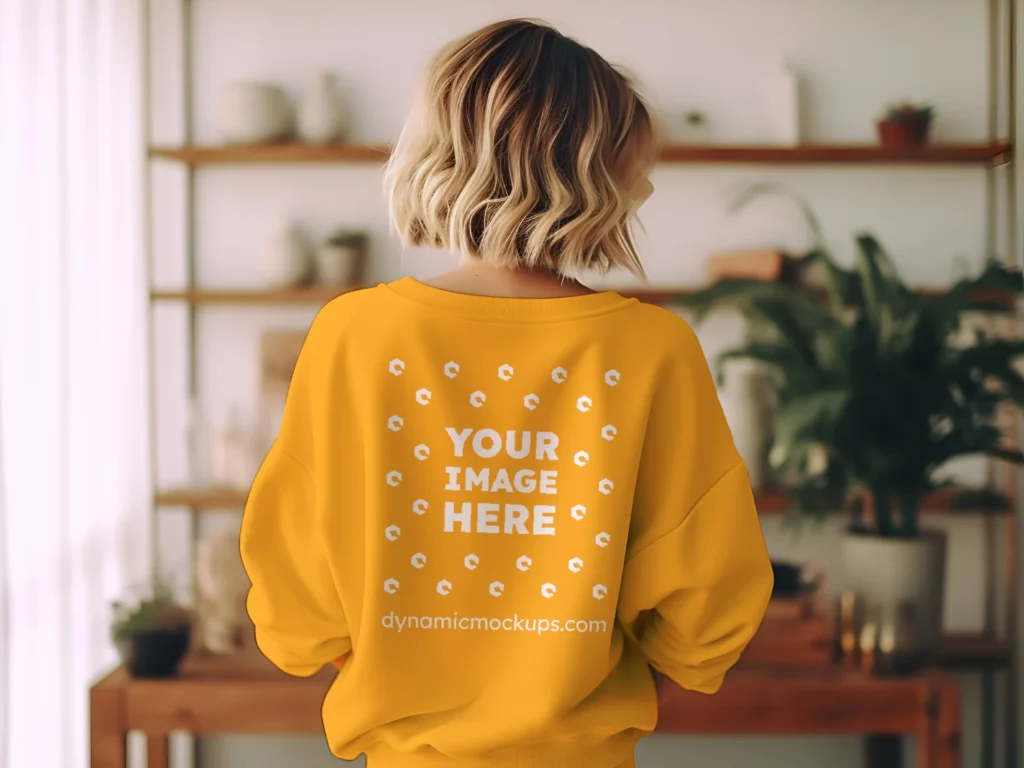 Woman Wearing Orange Sweatshirt Mockup Back View Template