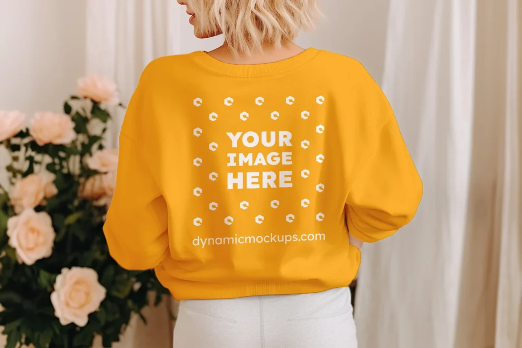 Woman Wearing Orange Sweatshirt Mockup Back View Template