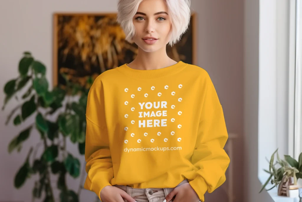 Woman Wearing Orange Sweatshirt Mockup Front View Template