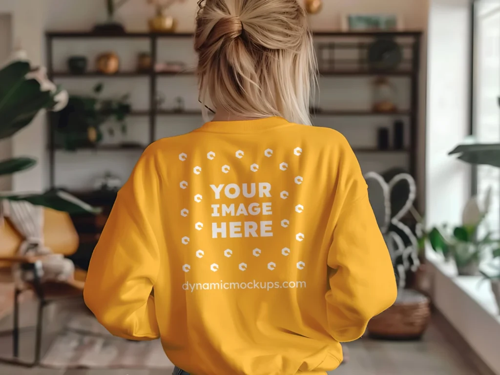 Woman Wearing Orange Sweatshirt Mockup Back View Template