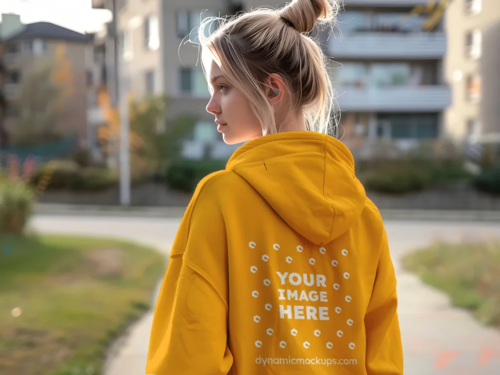 Woman Wearing Orange Hoodie Mockup Back View Template