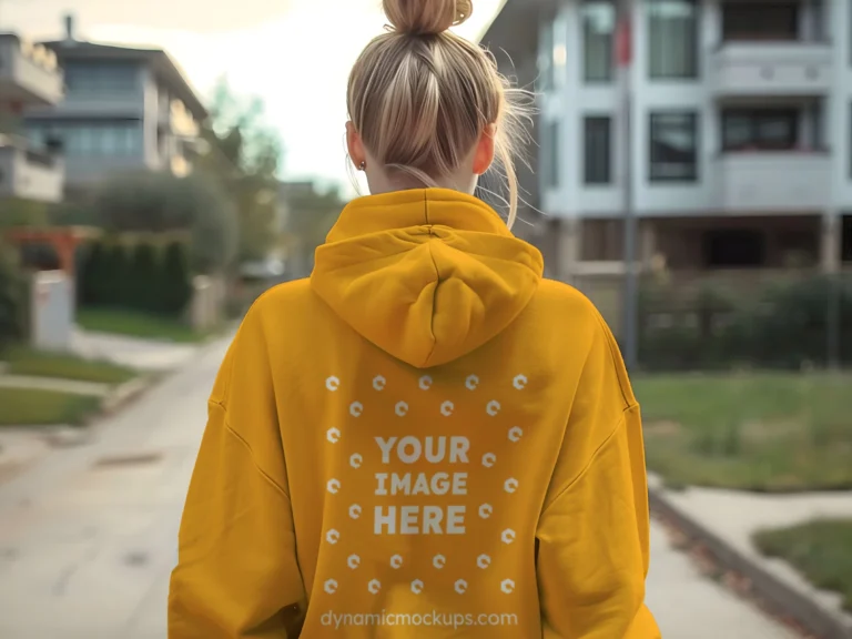 Woman Wearing Orange Hoodie Mockup Back View Template