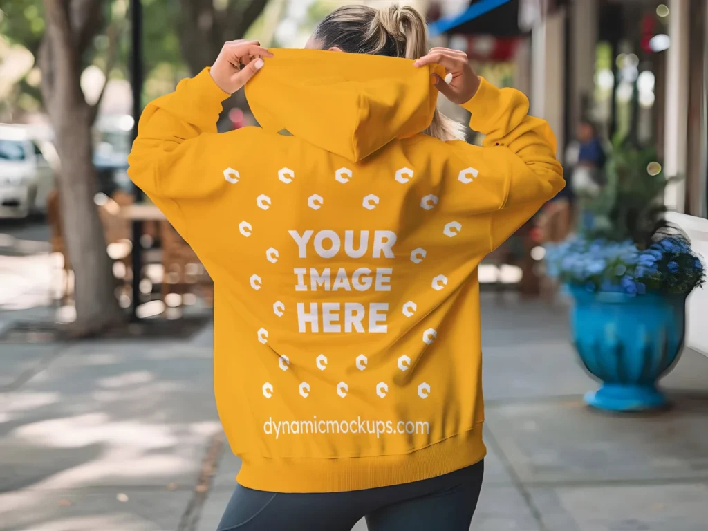 Woman Wearing Orange Hoodie Mockup Back View Template