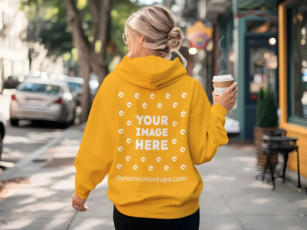 Woman Wearing Orange Hoodie Mockup Back View Template