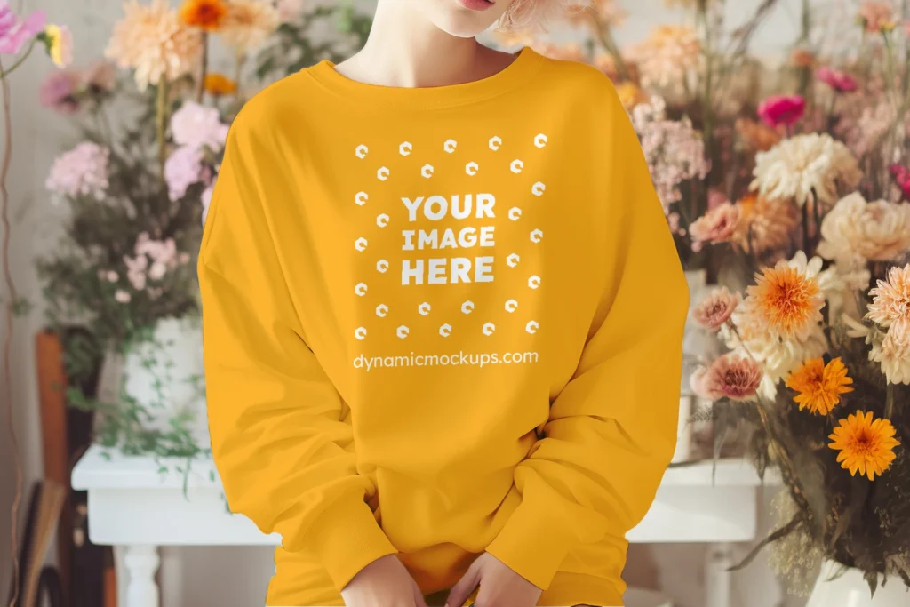 Woman Wearing Orange Sweatshirt Mockup Front View Template