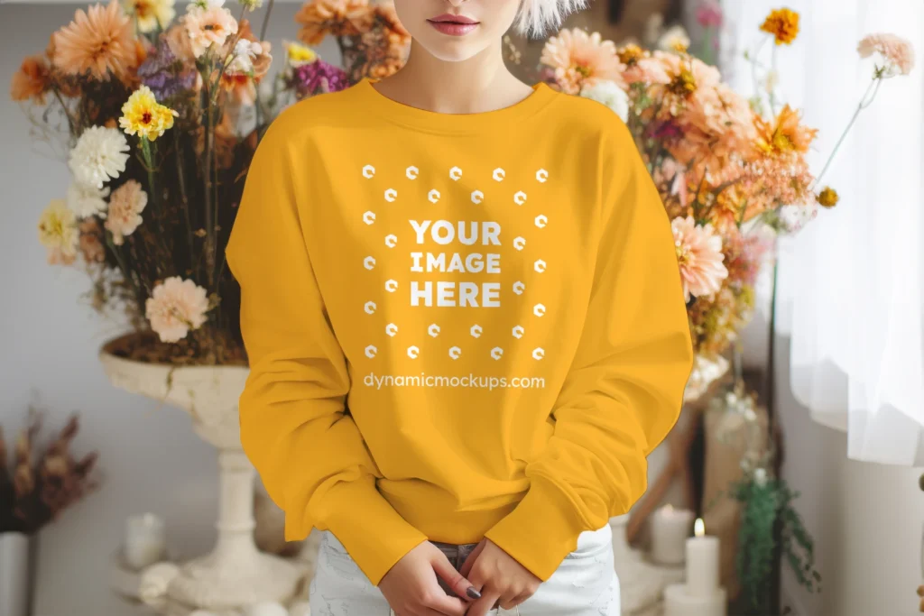 Woman Wearing Orange Sweatshirt Mockup Front View Template