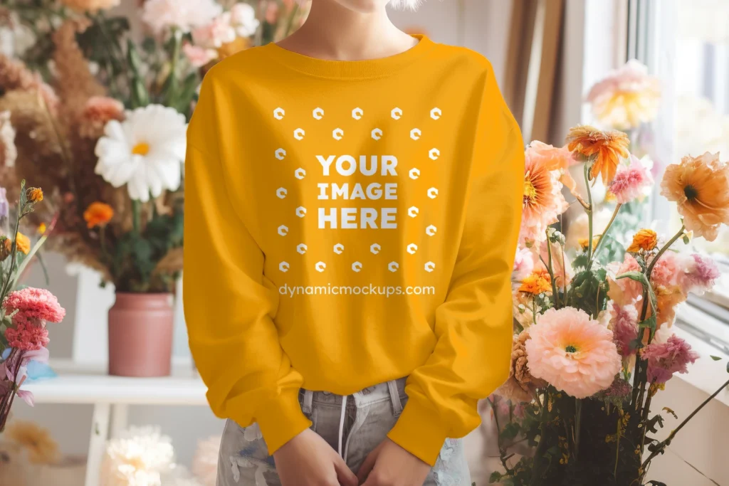 Woman Wearing Orange Sweatshirt Mockup Front View Template