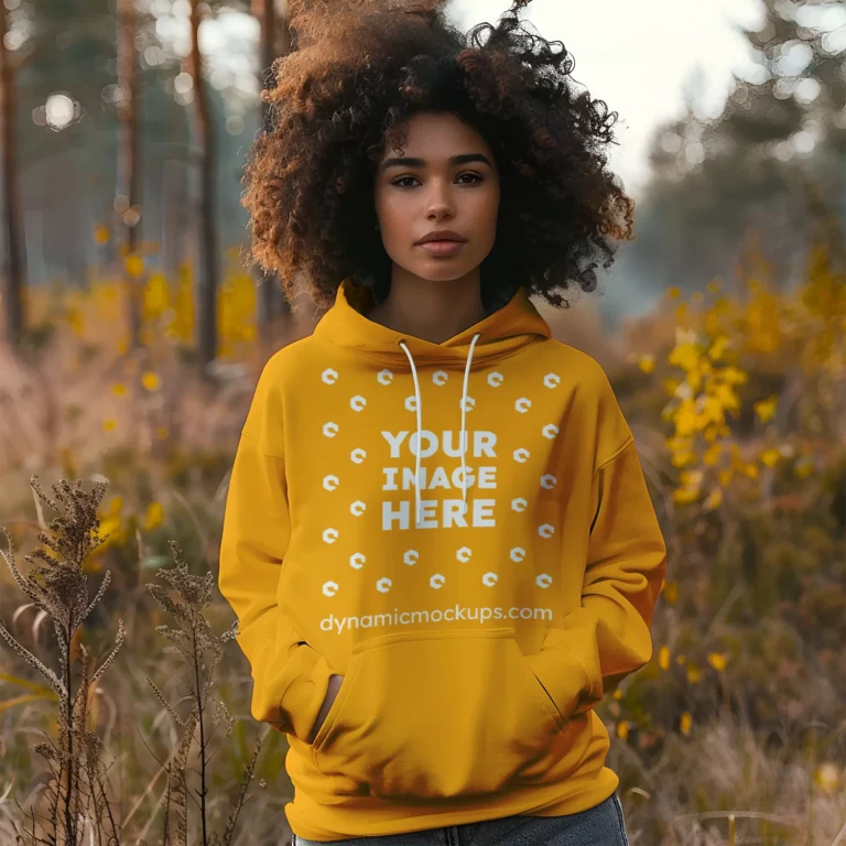 Woman Wearing Orange Hoodie Mockup Front View Template