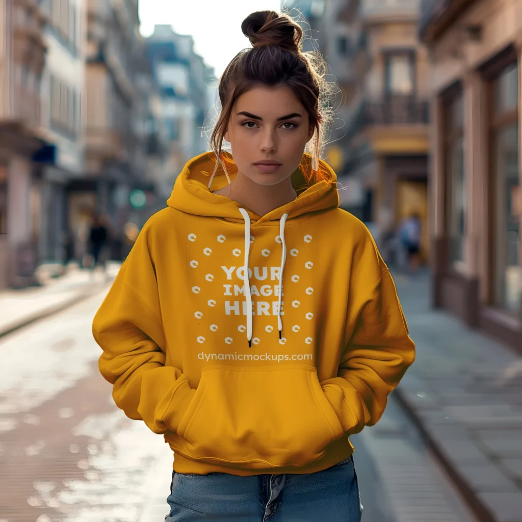 Woman Wearing Orange Hoodie Mockup Front View Template