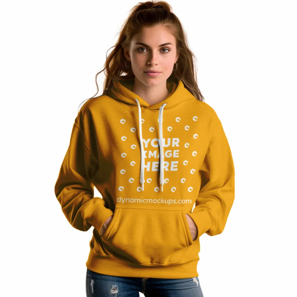 Woman Wearing Orange Hoodie Mockup Front View Template