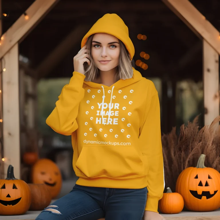 Woman Wearing Orange Hoodie Mockup Front View Template