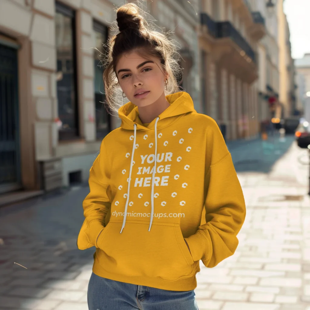 Woman Wearing Orange Hoodie Mockup Front View Template