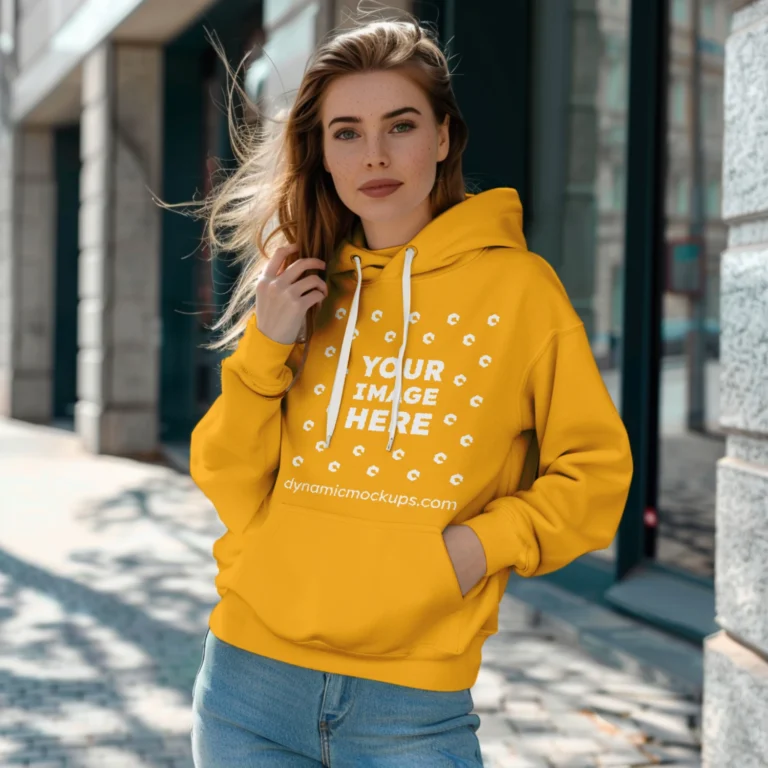 Woman Wearing Orange Hoodie Mockup Front View Template