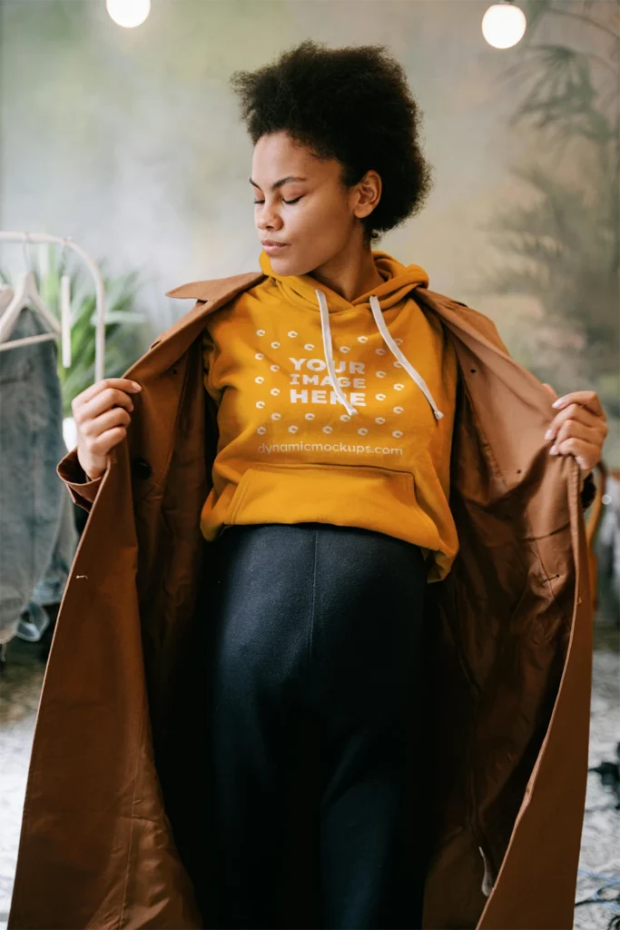 Woman Wearing Orange Hoodie Mockup Front View Template