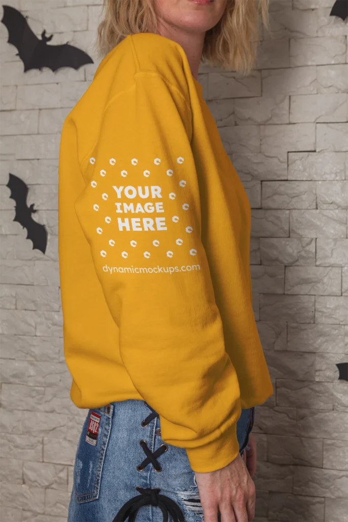 Woman Wearing Orange Hoodie Mockup Side View Template