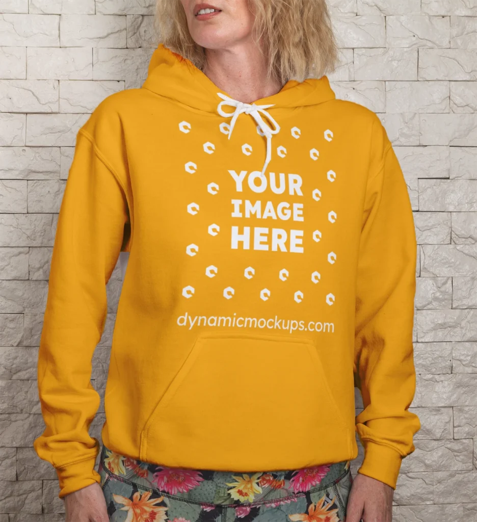 Woman Wearing Orange Hoodie Mockup Front View Template