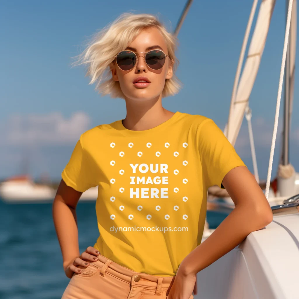 Woman Wearing Orange T-shirt Mockup Front View Template