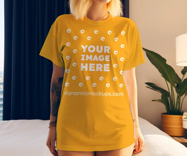 Woman Wearing Orange T-shirt Mockup Front View Template