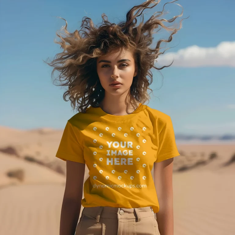 Woman Wearing Orange T-shirt Mockup Front View Template