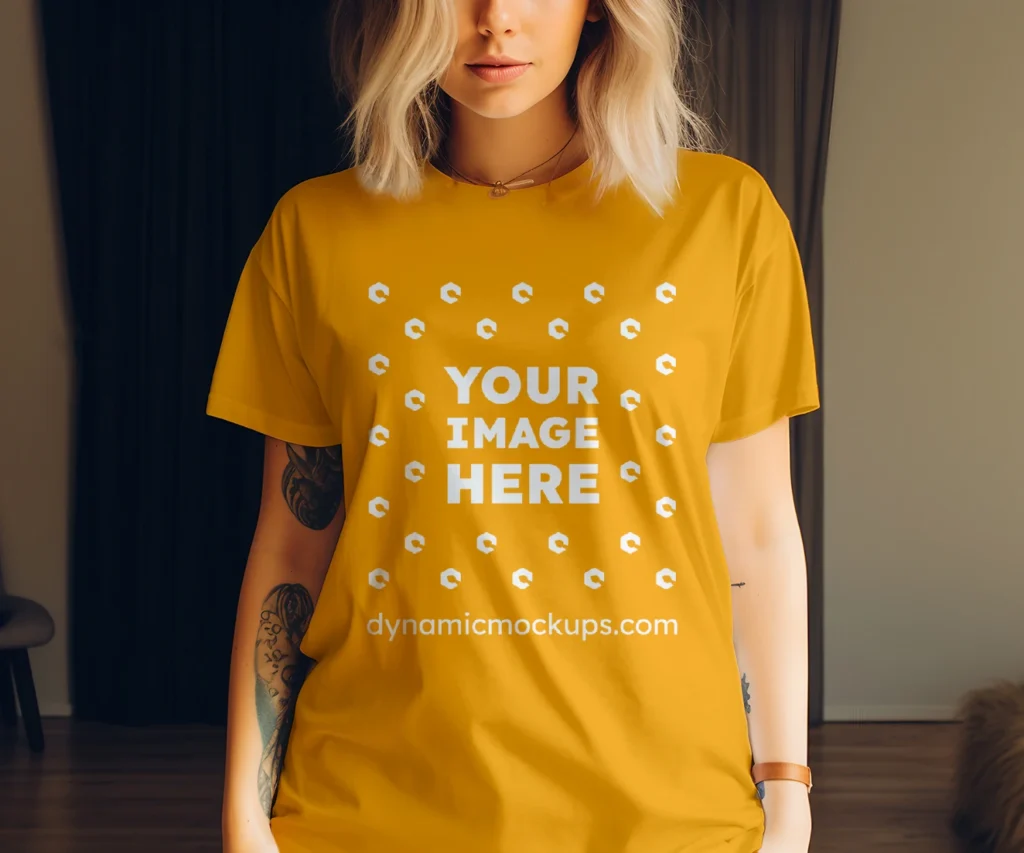 Woman Wearing Orange T-shirt Mockup Front View Template