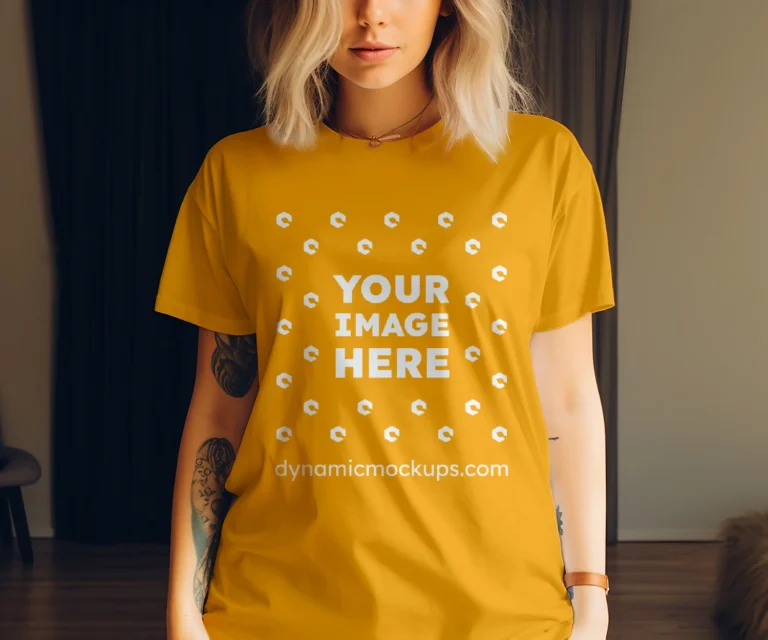 Woman Wearing Orange T-shirt Mockup Front View Template