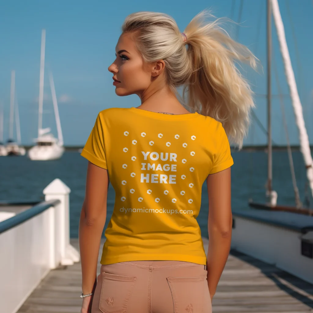 Woman Wearing Orange T-shirt Mockup Back View Template