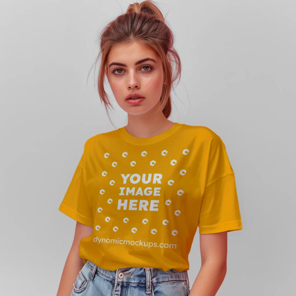 Woman Wearing Orange T-shirt Mockup Front View Template