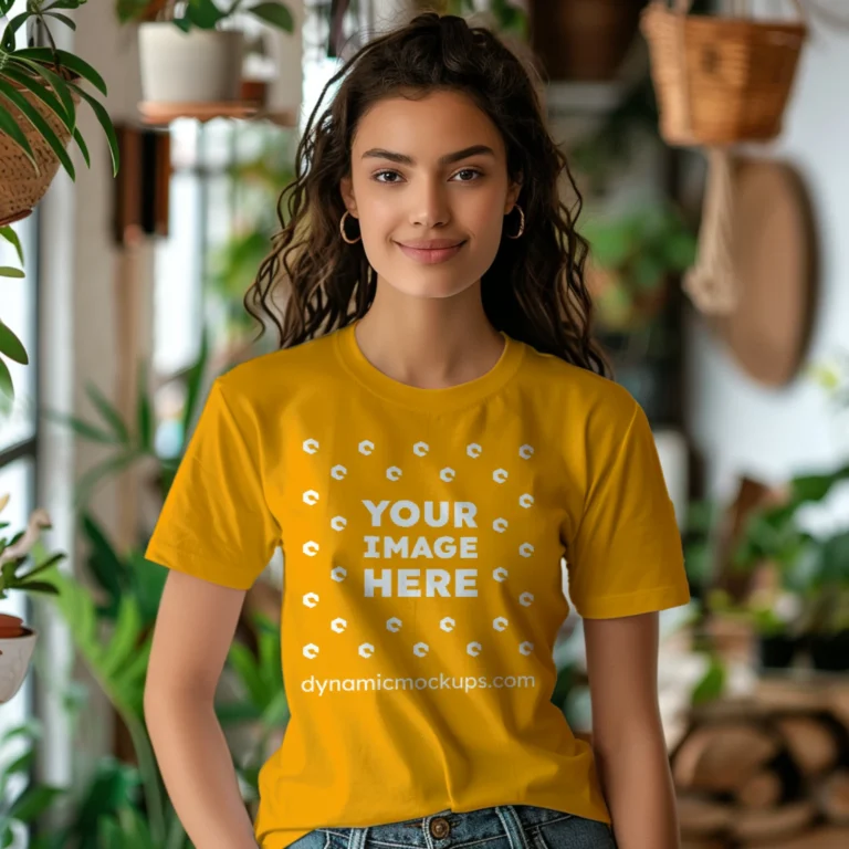 Woman Wearing Orange T-shirt Mockup Front View Template