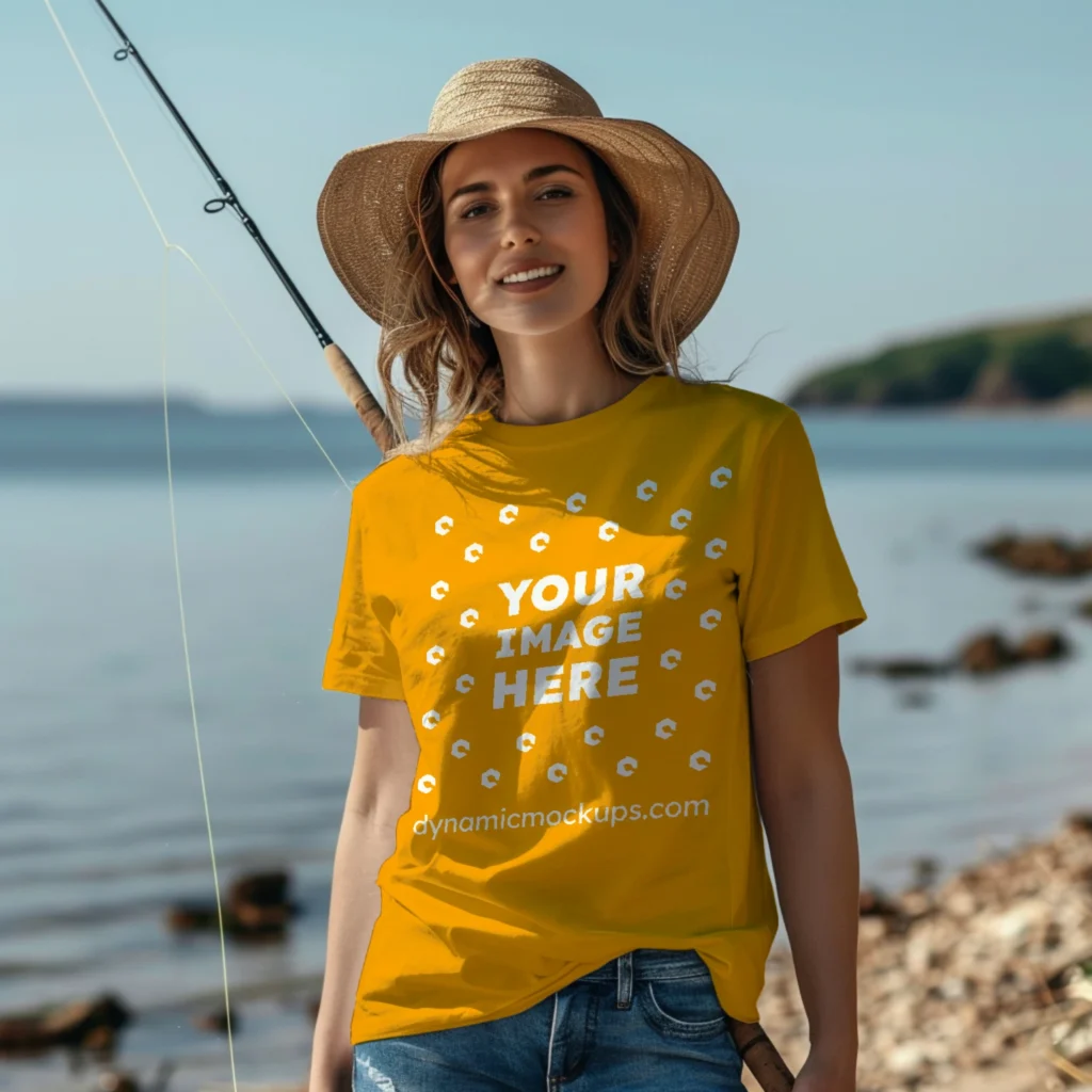 Woman Wearing Orange T-shirt Mockup Front View Template