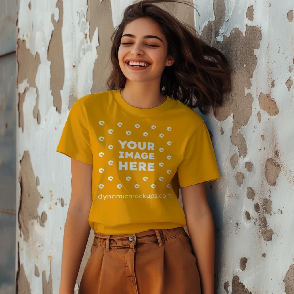 Woman Wearing Orange T-shirt Mockup Front View Template