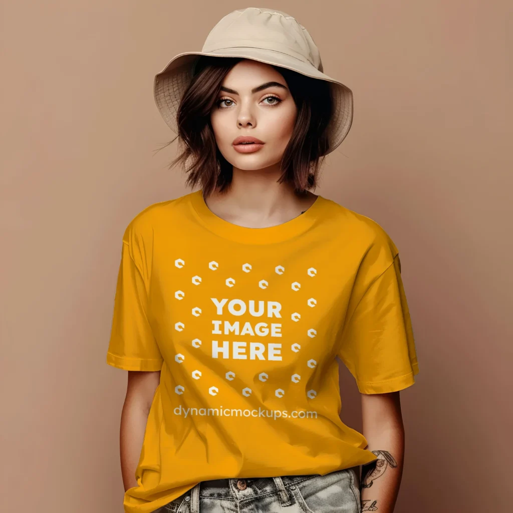 Woman Wearing Orange T-shirt Mockup Front View Template