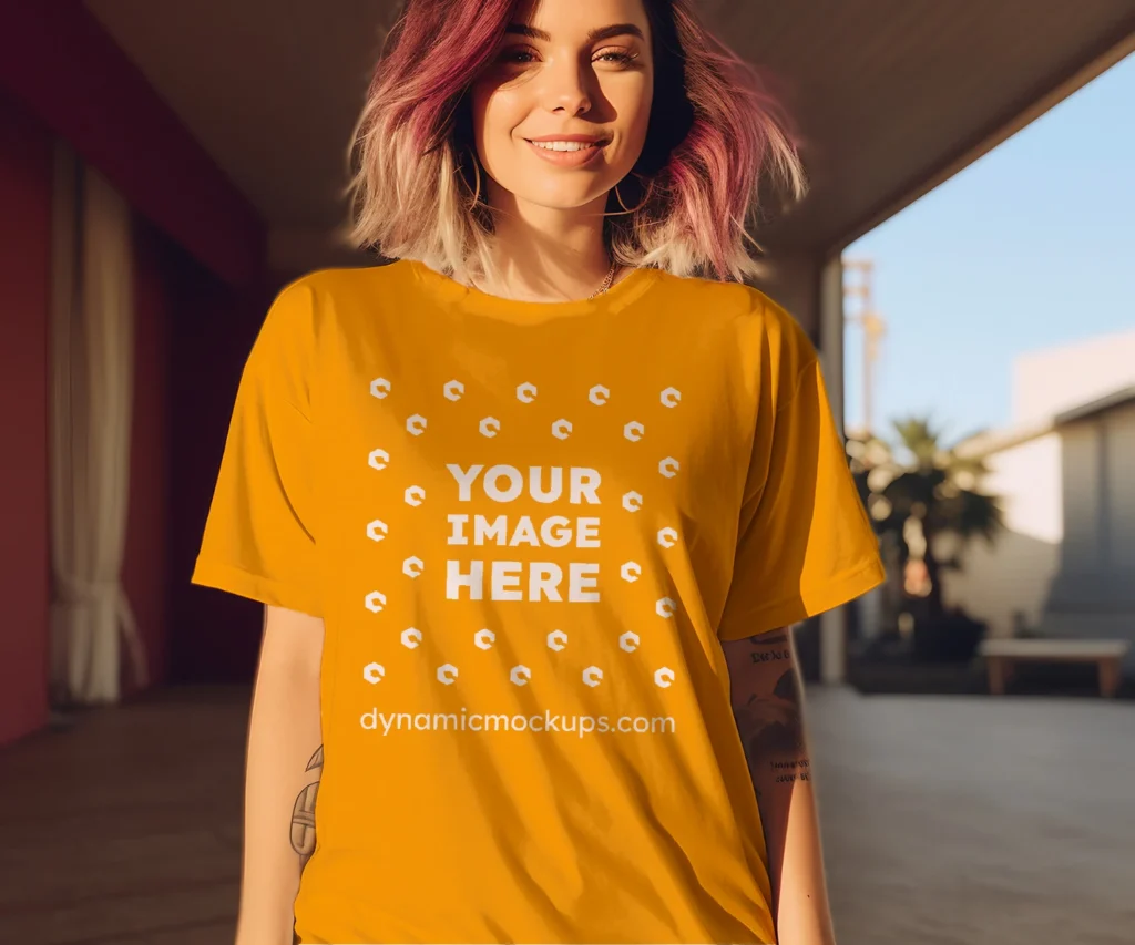 Woman Wearing Orange T-shirt Mockup Front View Template