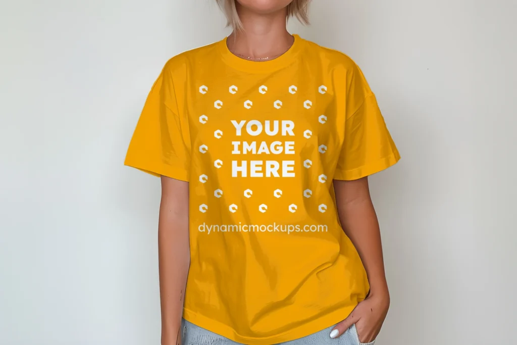 Woman Wearing Orange T-shirt Mockup Front View Template