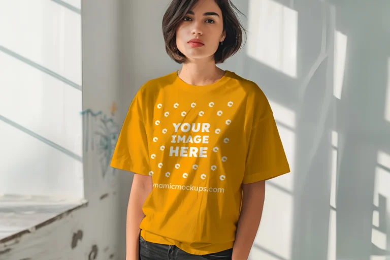 Woman Wearing Orange T-shirt Mockup Front View Template