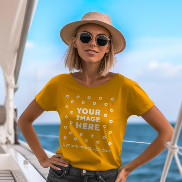 Woman Wearing Orange T-shirt Mockup Front View Template