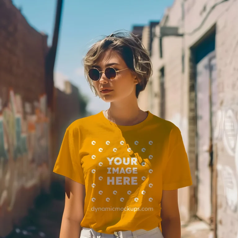 Woman Wearing Orange T-shirt Mockup Front View Template