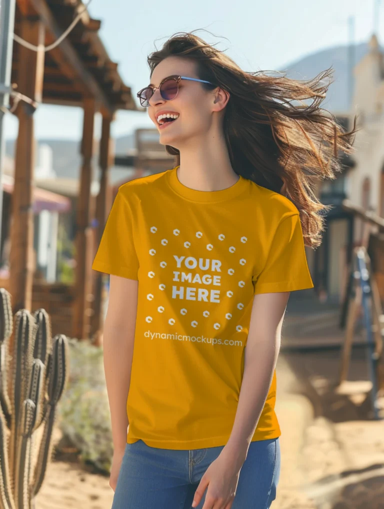 Woman Wearing Orange T-shirt Mockup Front View Template