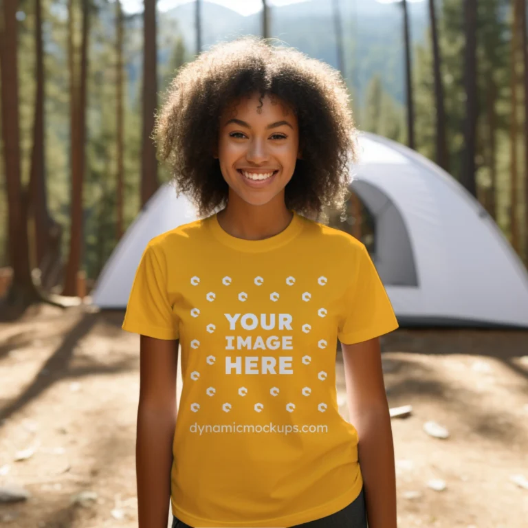 Woman Wearing Orange T-shirt Mockup Front View Template