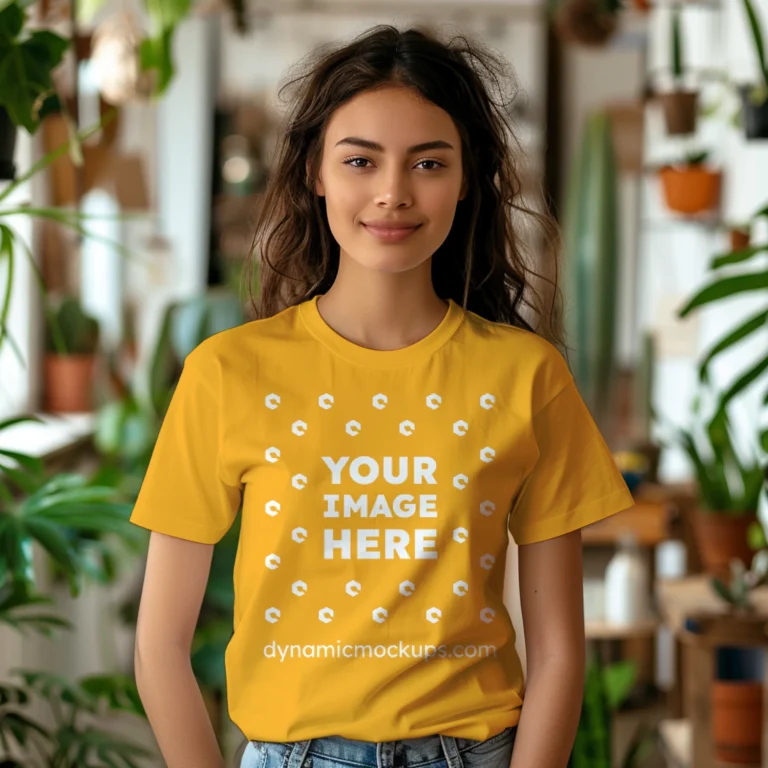 Woman Wearing Orange T-shirt Mockup Front View Template