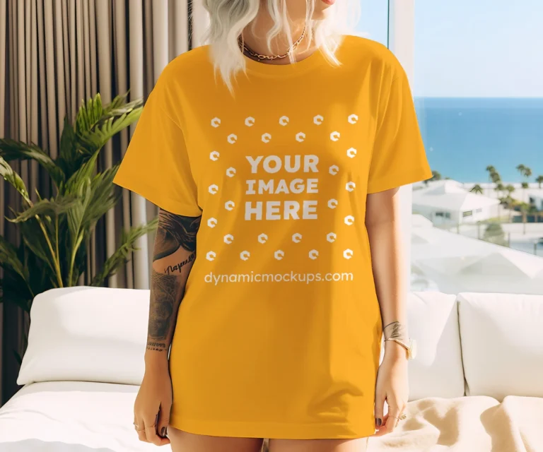 Woman Wearing Orange T-shirt Mockup Front View Template