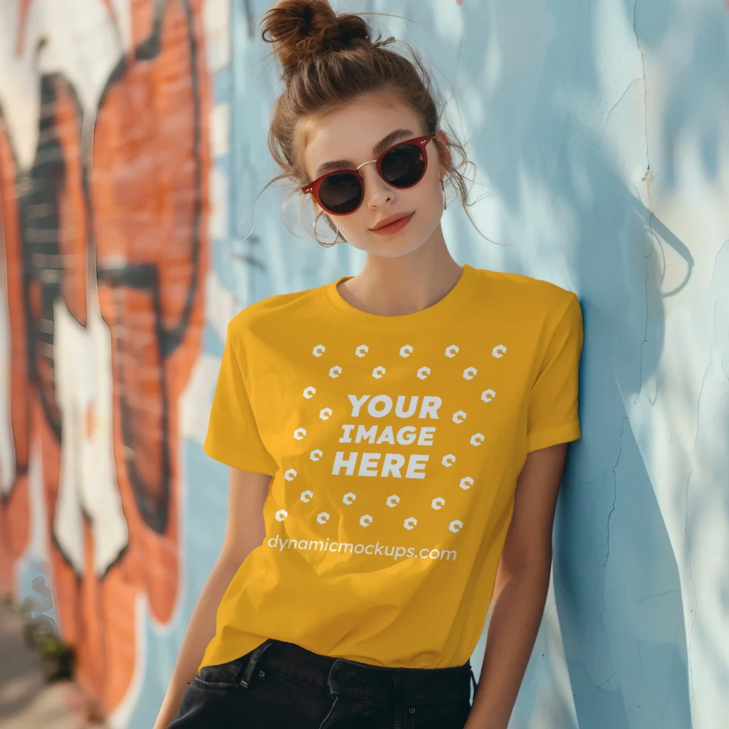 Woman Wearing Orange T-shirt Mockup Front View Template