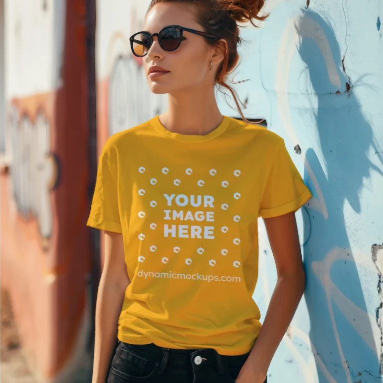 Woman Wearing Orange T-shirt Mockup Front View Template