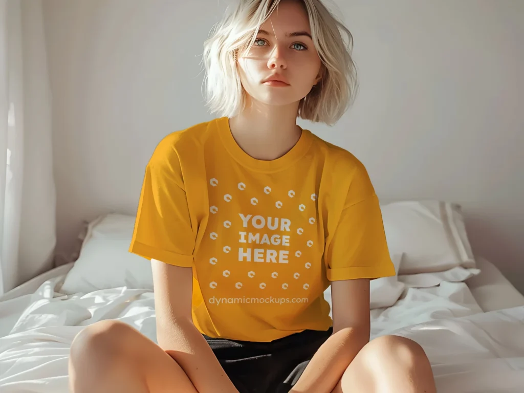 Woman Wearing Orange T-shirt Mockup Front View Template