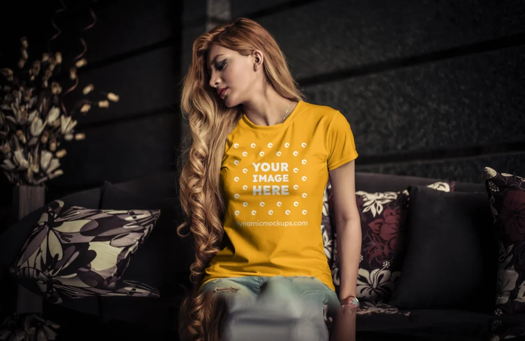 Woman Wearing Orange T-shirt Mockup Front View Template